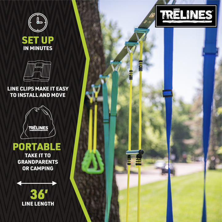 Trelines swing set with setup instructions and product details on a black background