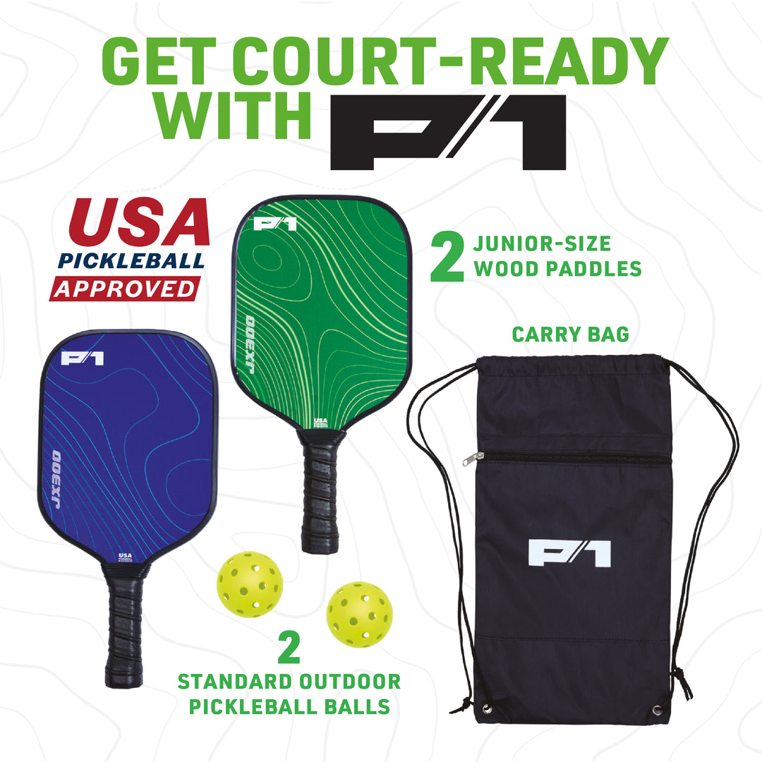 Two junior wood pickleball paddles, two yellow outdoor balls, and black P1 drawstring carry bag on white background