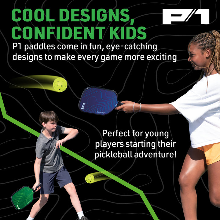 Young boy and girl playing pickleball with blue and green P1 paddles and yellow balls on black background