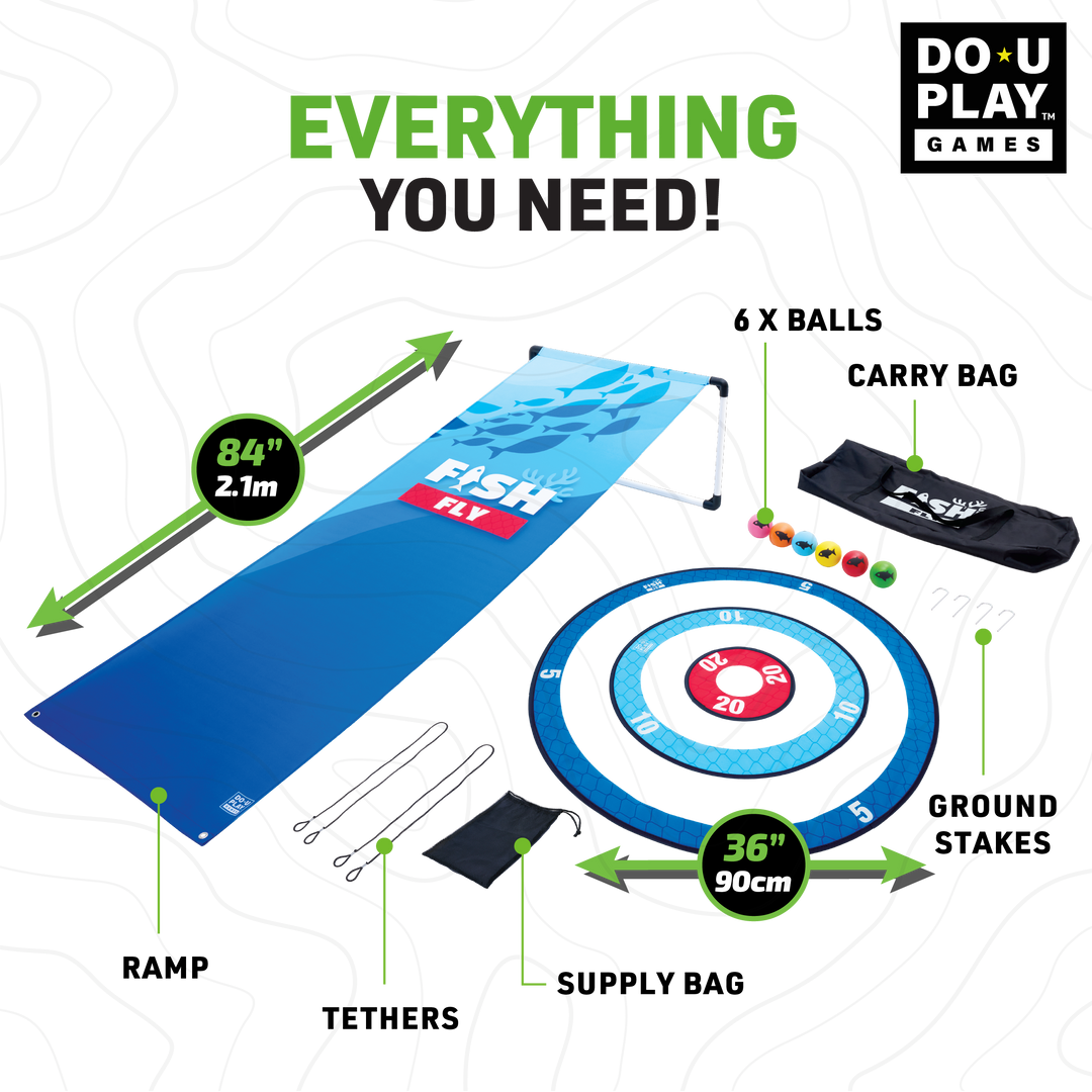 Fish Fly mat, Trigo Ring Toss target, colorful rings, carrying bag, and game accessories laid out with measurements.