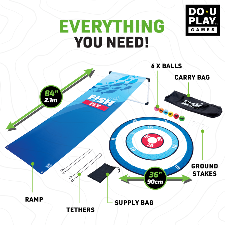 Fish Fly mat, Trigo Ring Toss target, colorful rings, carrying bag, and game accessories laid out with measurements.
