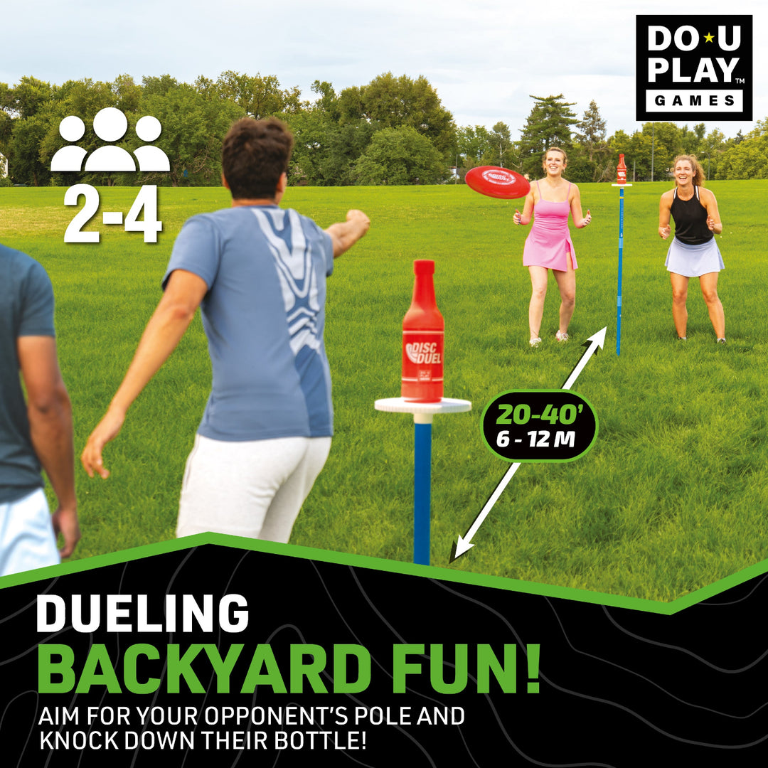 Group of four adults playing Disc Duel yard game on grass with red discs and bottles between poles