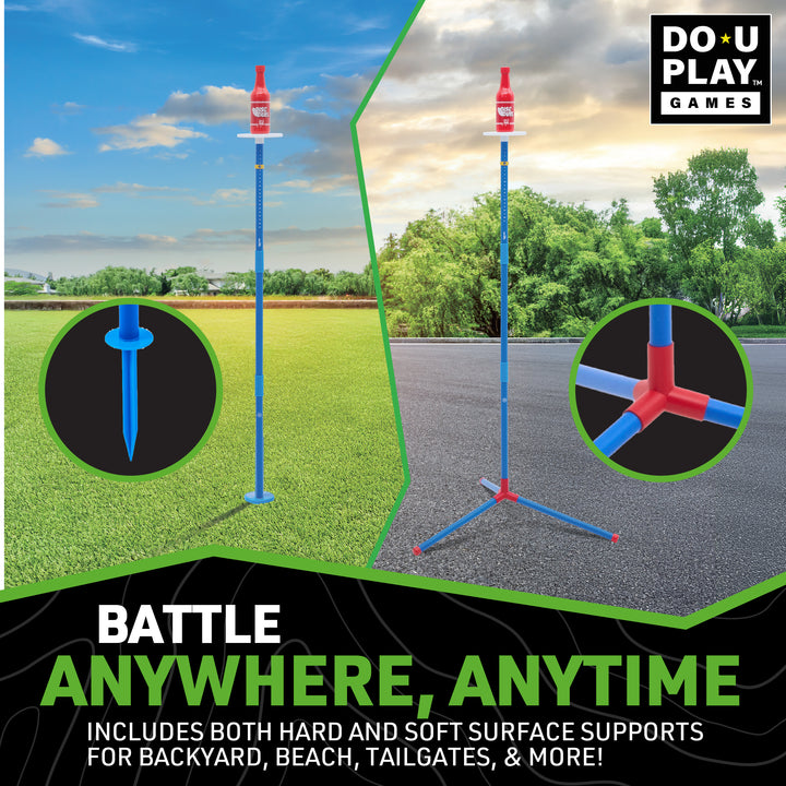 Red scoring bottle on blue measuring pole with hard and soft surface bases for outdoor BashNet game play