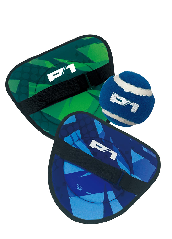Green and blue hand paddles with black straps and blue and white soft ball for Toss & Catch Ball Game on white background