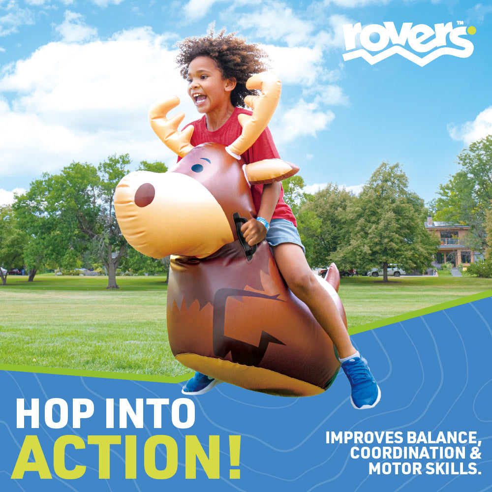 Child on an inflatable moose rovers bounce toy 