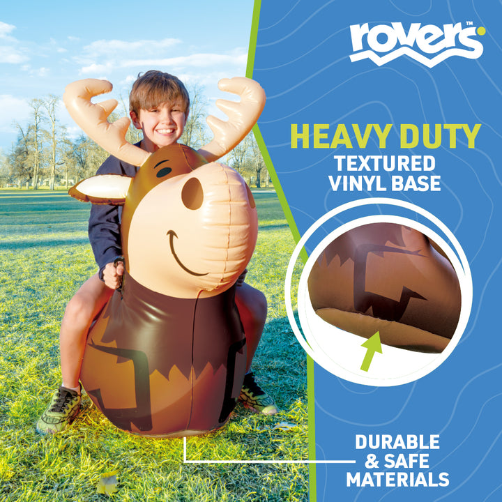 Child riding an inflatable moose in a grassy field with Rovers branding and product features.