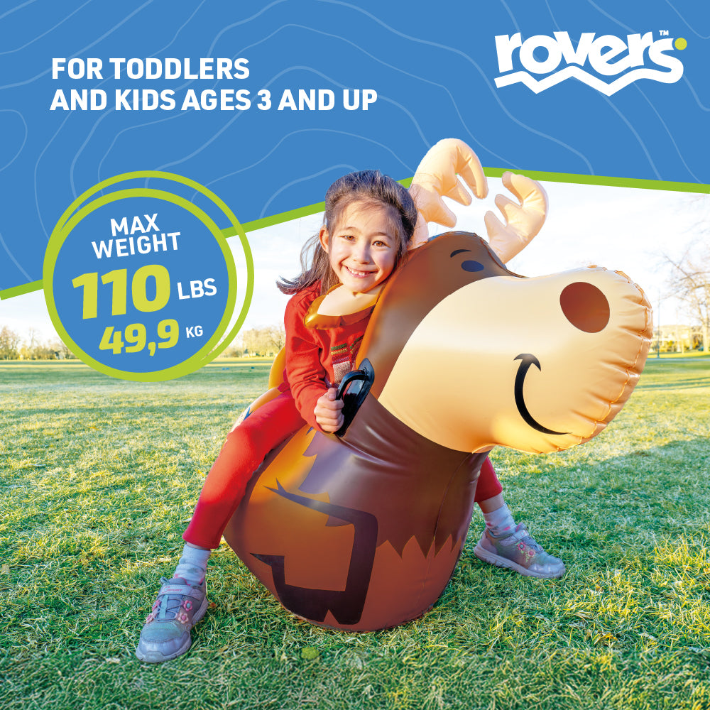 Child riding an inflatable moose toy with Rovers branding and product details.