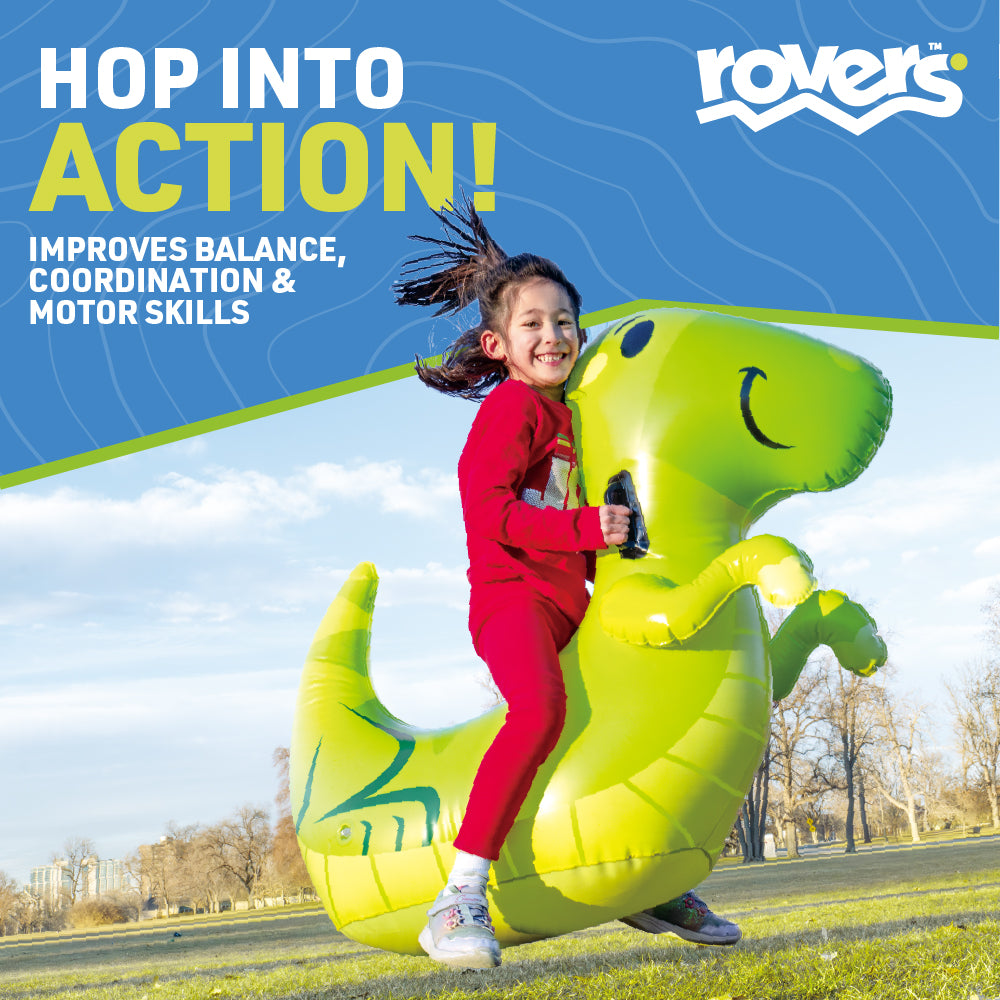 Child on an inflatable dinosaur toy with 'Rovers' branding and text about physical benefits.