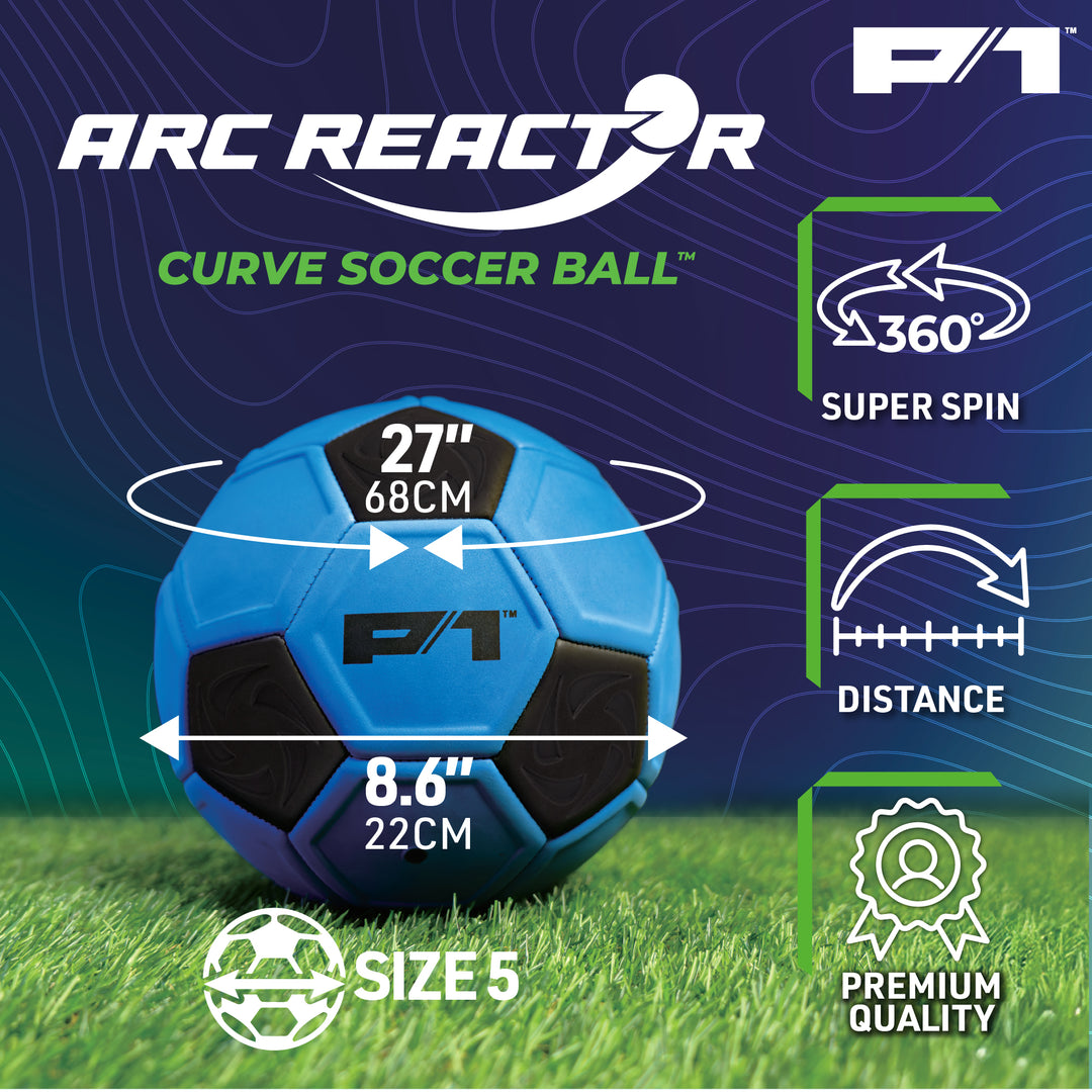 Blue soccer ball with features highlighted on a green and blue background