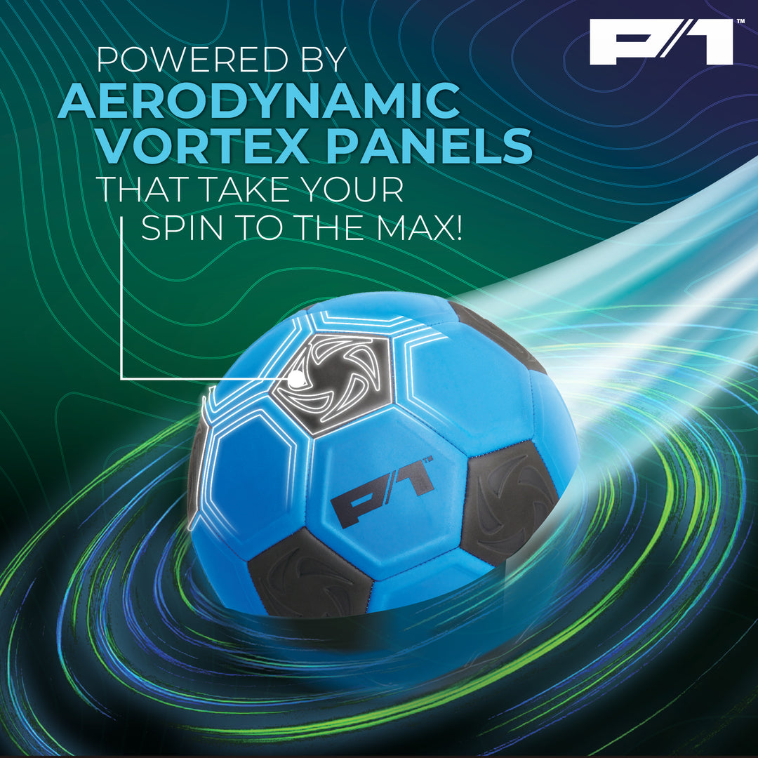 Blue soccer ball with black panels on a dark background with text about aerodynamic vortex panels.