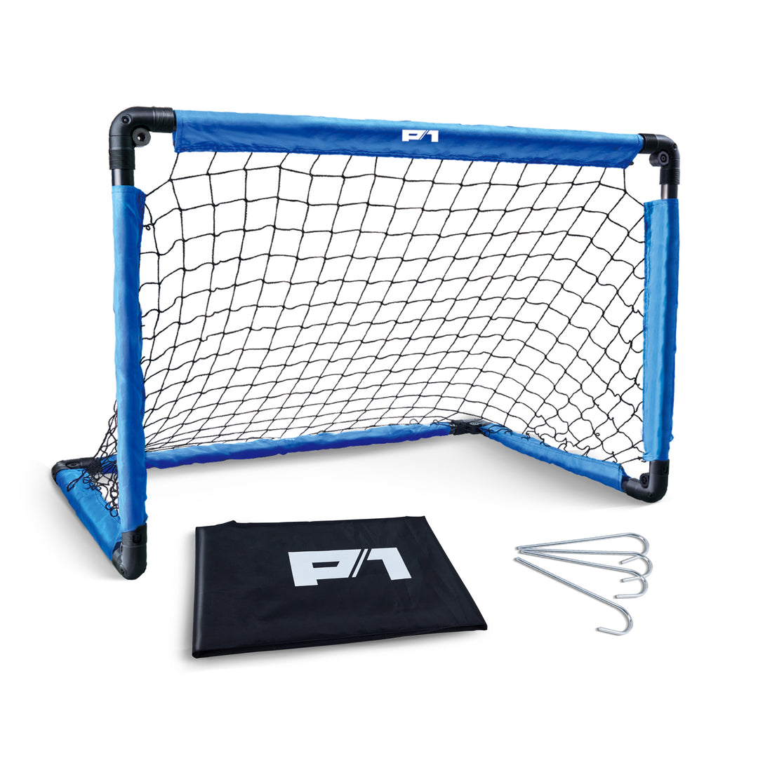 Blue P1 soccer goal with carrying bag and stakes 