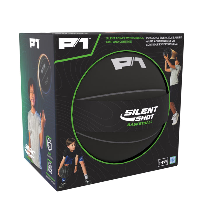 P1 Silent Shot Basketball retail package showing ages 5 to 99