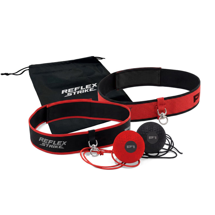 P1 Reflex Strike kit with two reflex balls, two adjustable headbands, and carry bag
