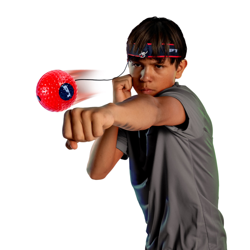 Player practicing with the P1 Reflex Strike headband and red rebound ball; motion effect shown