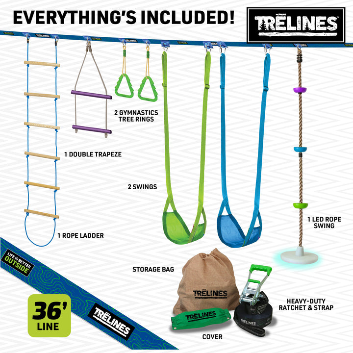 Treelines outdoor play equipment set with various items on a white background