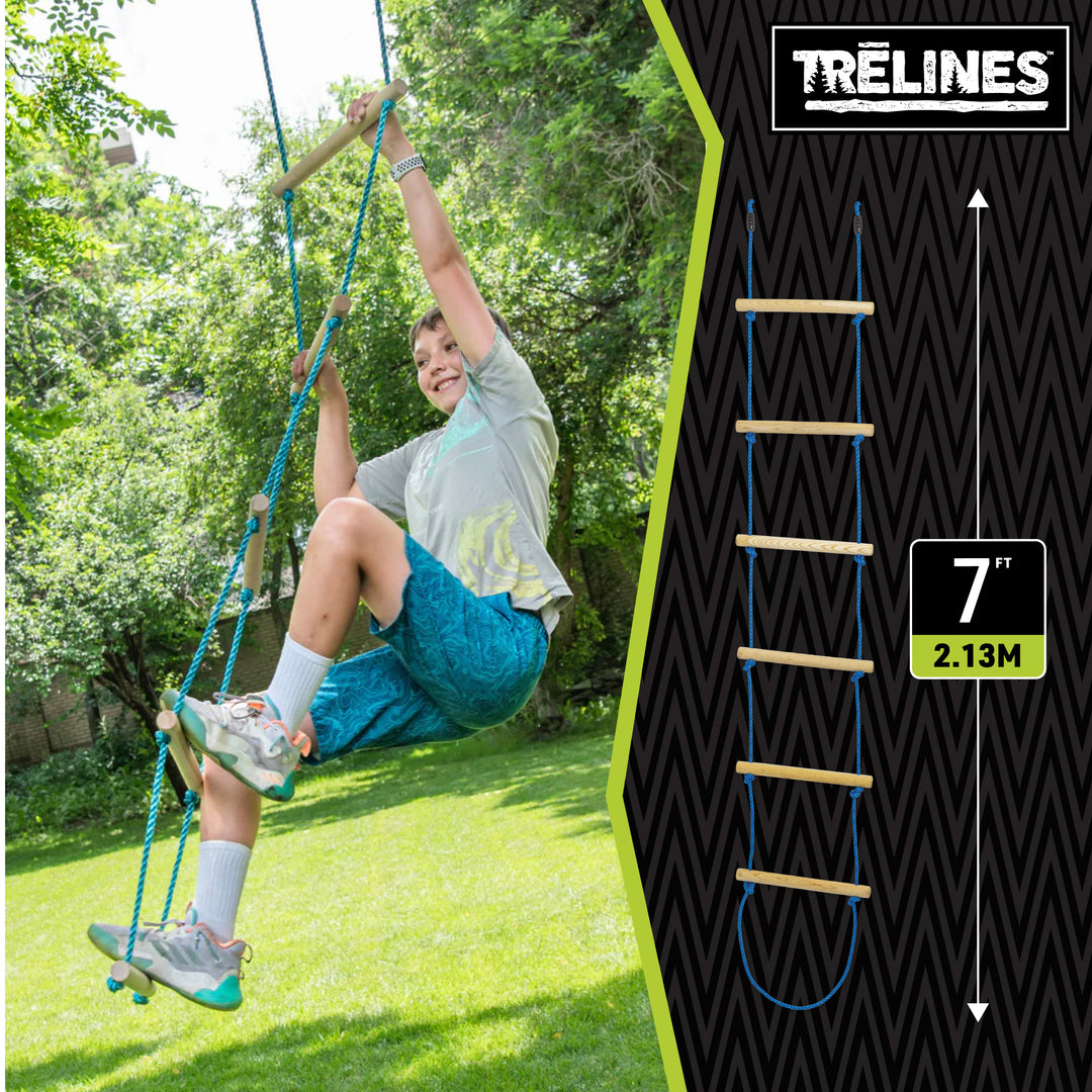Child playing on a rope ladder in a park with 'Trelines' branding.