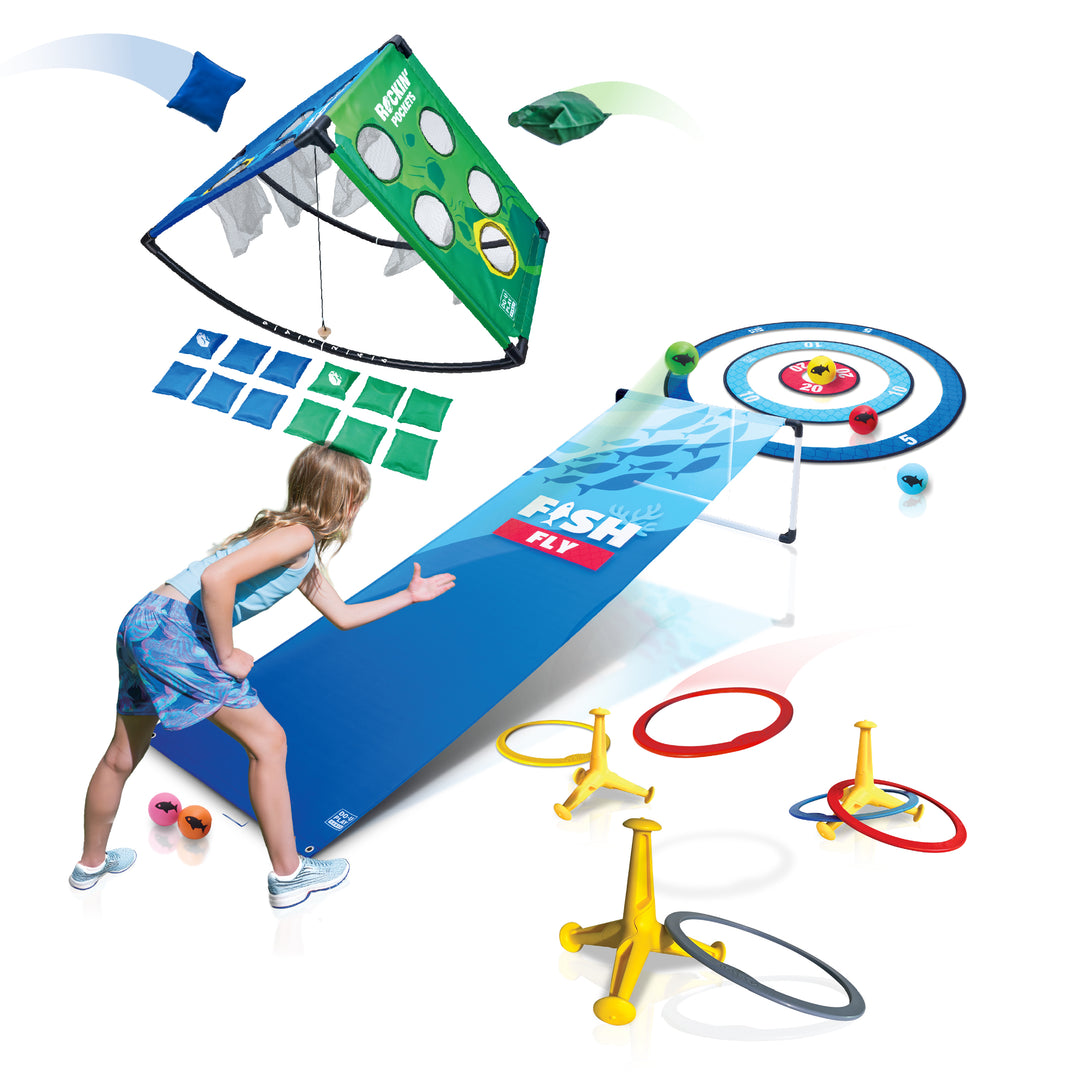 Outdoor game set with a girl playing, featuring a large blue mat, targets, and various game components on a white background.