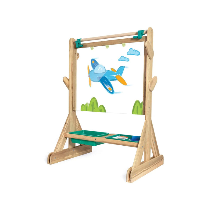 A wooden outdoor easel by Hape with a transparent drawing board, green and blue accents, and a cartoon plane decoration at the top.