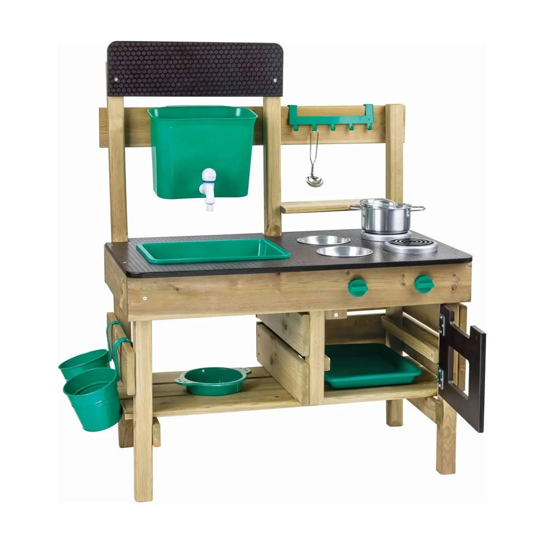 Hape wooden outdoor mud kitchen toy for toddlers with water sink and cooking accessories like a pot, ladle, bowls, and flowerpots.
