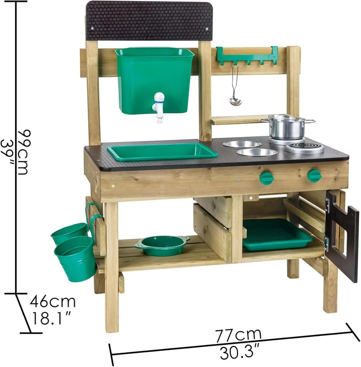 Children's play kitchen set with dimensions displayed