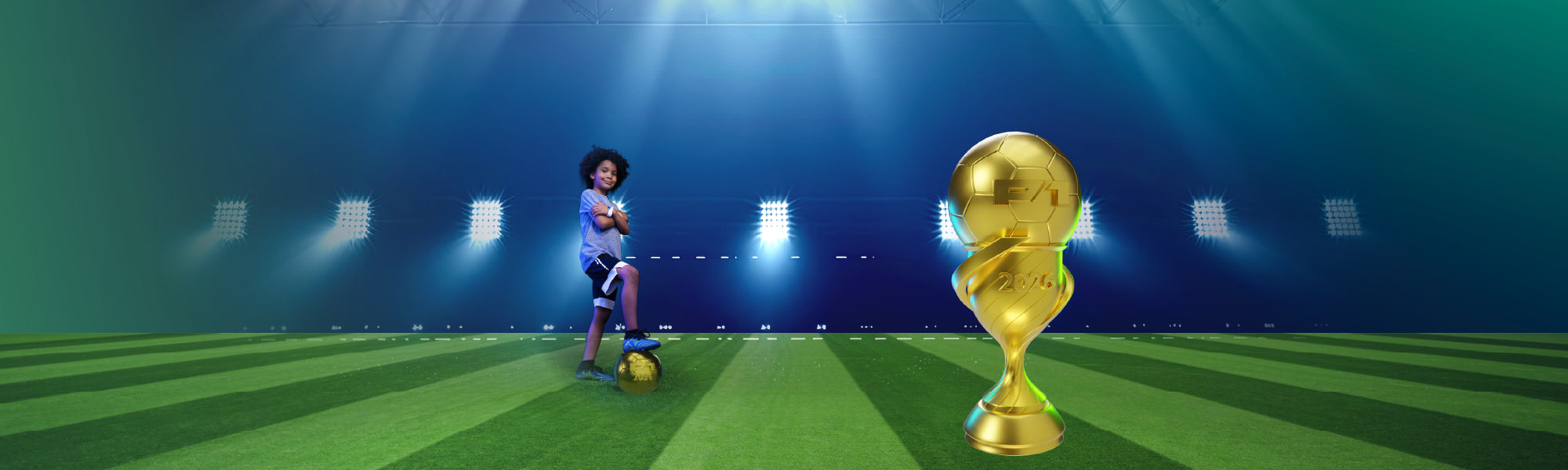 Person with a gold soccer ball next to a golden trophy on a green field with blue background