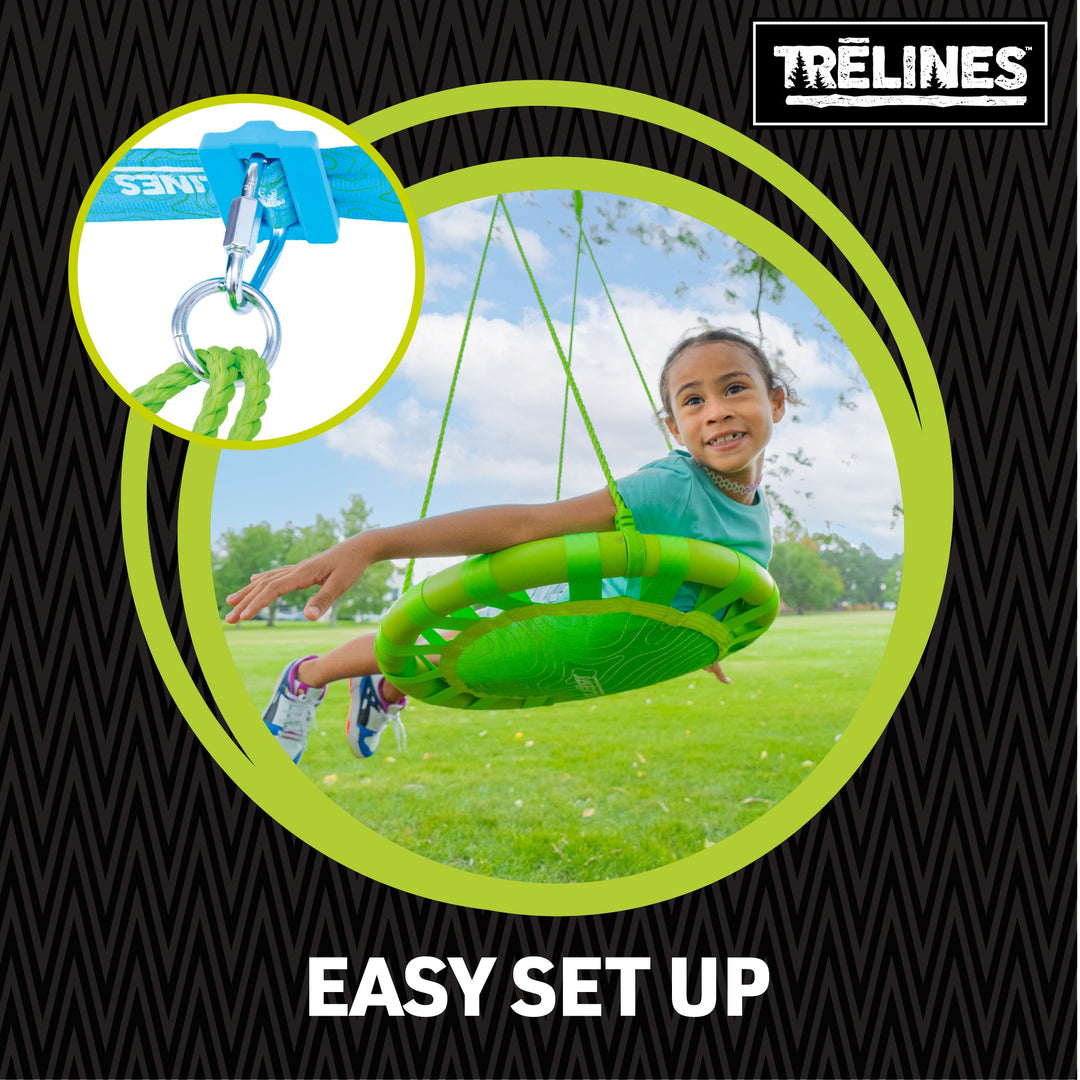 Kids riding Treswing Explorer heavy duty outdoor saucer swing in backyard