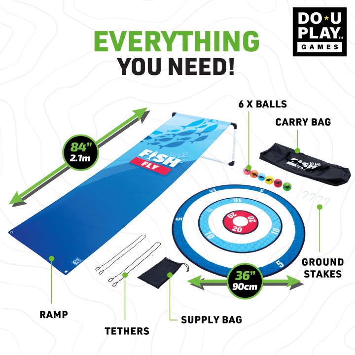 Fish Fly mat, Trigo Ring Toss target, colorful rings, carrying bag, and game accessories laid out with measurements.