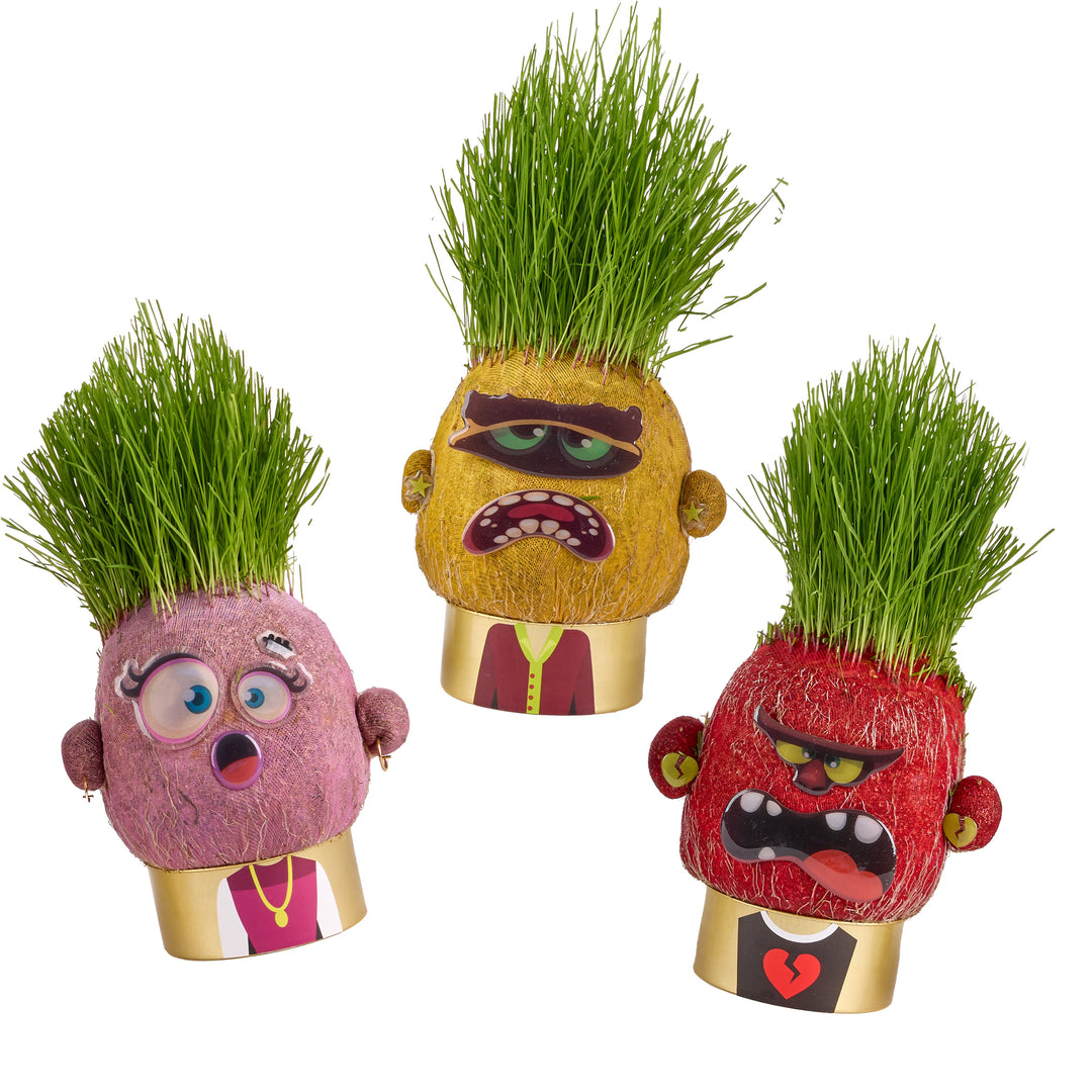 Three colorful plant pal character figurines with grass hair 