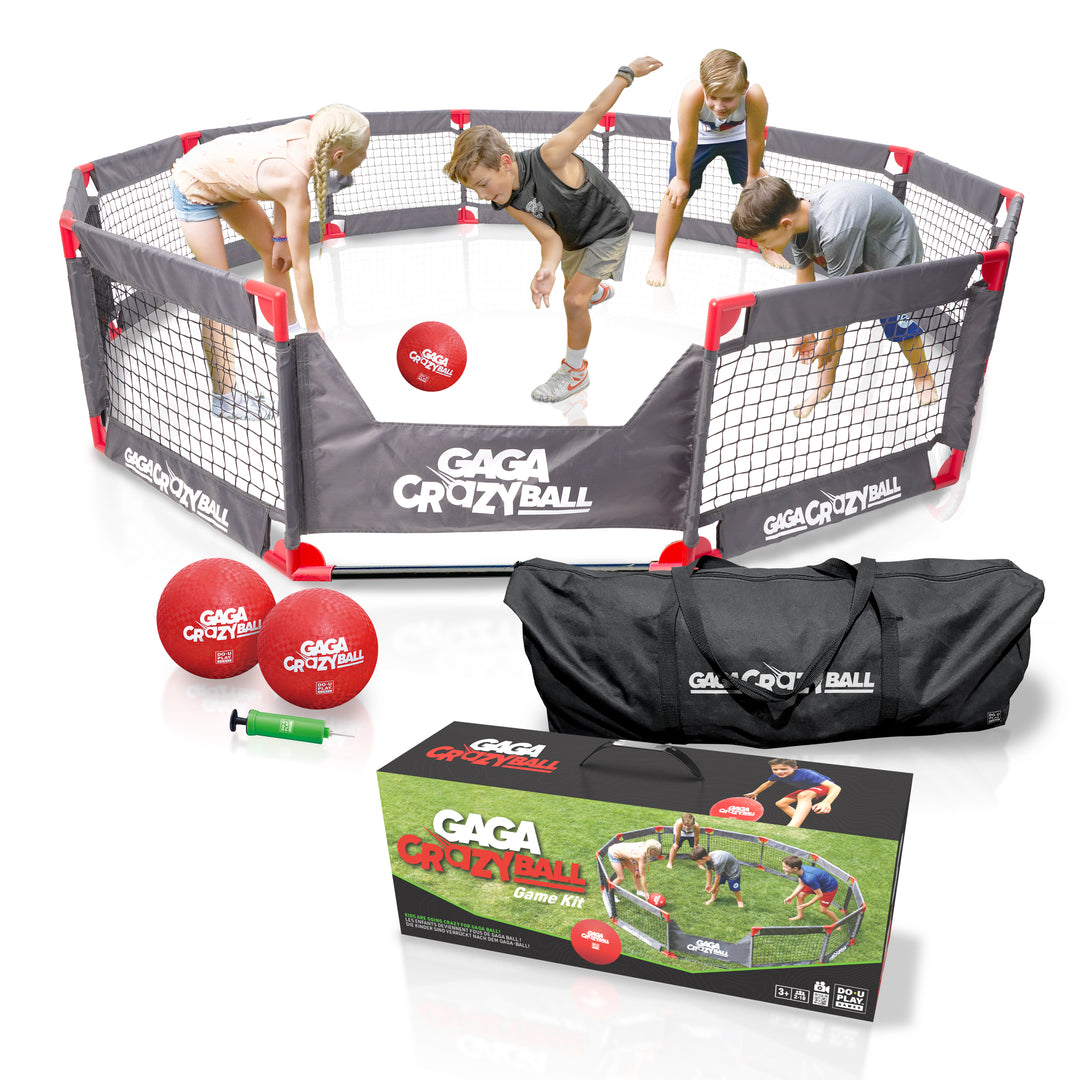 Gaga Crazyball play set with children playing inside, including balls and carrying bag.