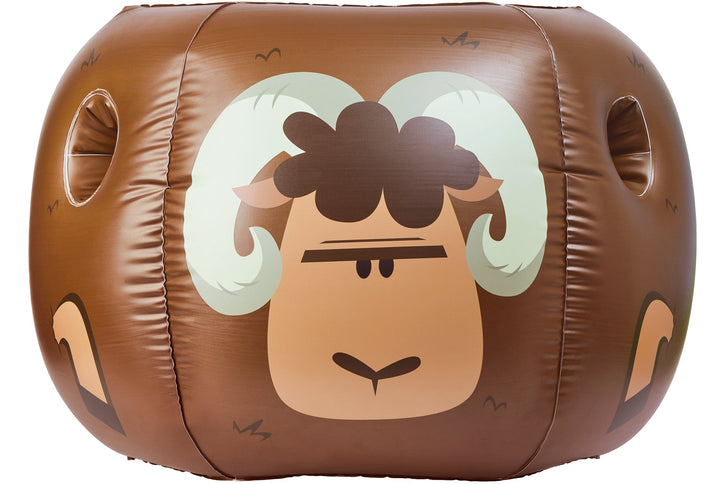 Brown Rovers blow-up bumper ball with cartoon ram design and two hand grip holes on smooth inflatable surface