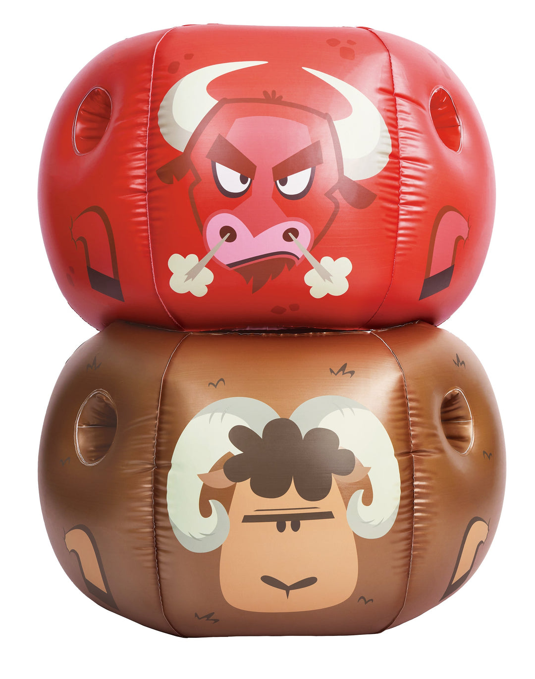 Two stacked Rovers blow-up bumper balls outdoor set featuring red bull and brown ram cartoon designs on white background