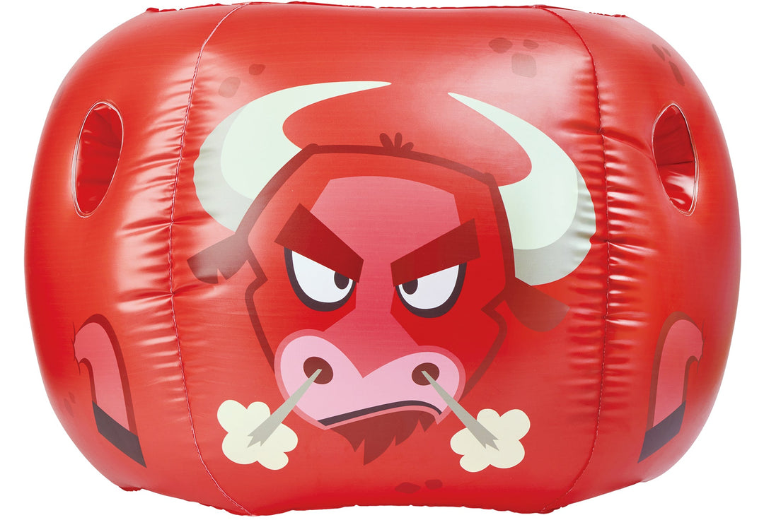 Red Rovers blow-up bumper ball with angry cartoon bull design and two hand grip holes on shiny surface