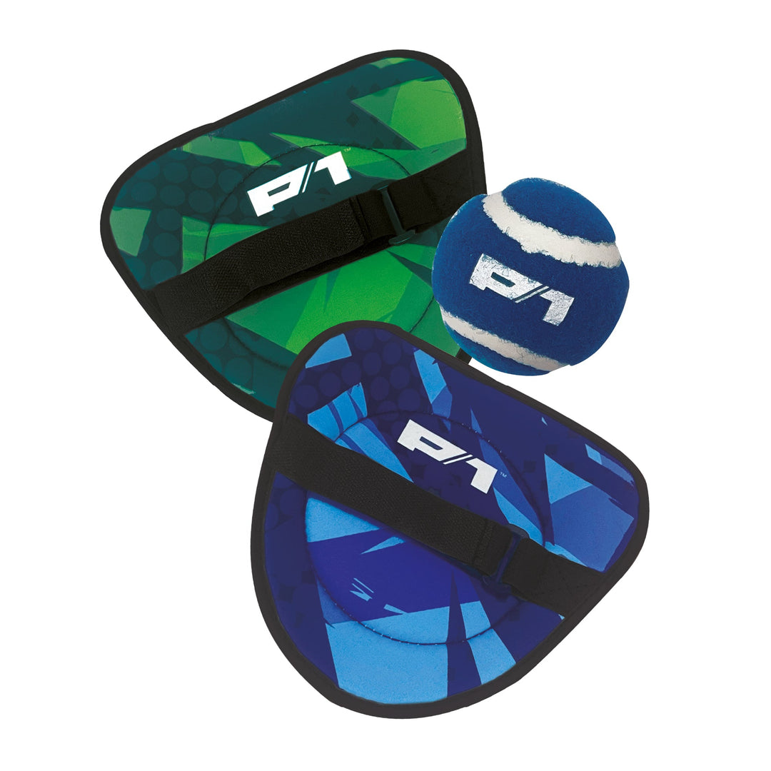 Close-up of colorful Velcro catch paddles and soft balls from P1 game set