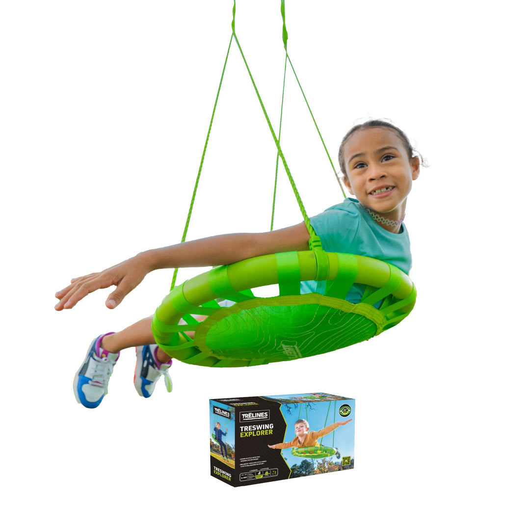 Treswing Explorer 24 inch platform tree swing hanging outdoors from tree branch