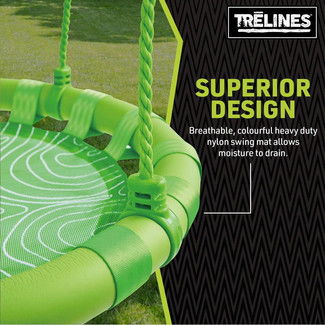 Close-up of Treswing Explorer steel frame and breathable nylon swing mat